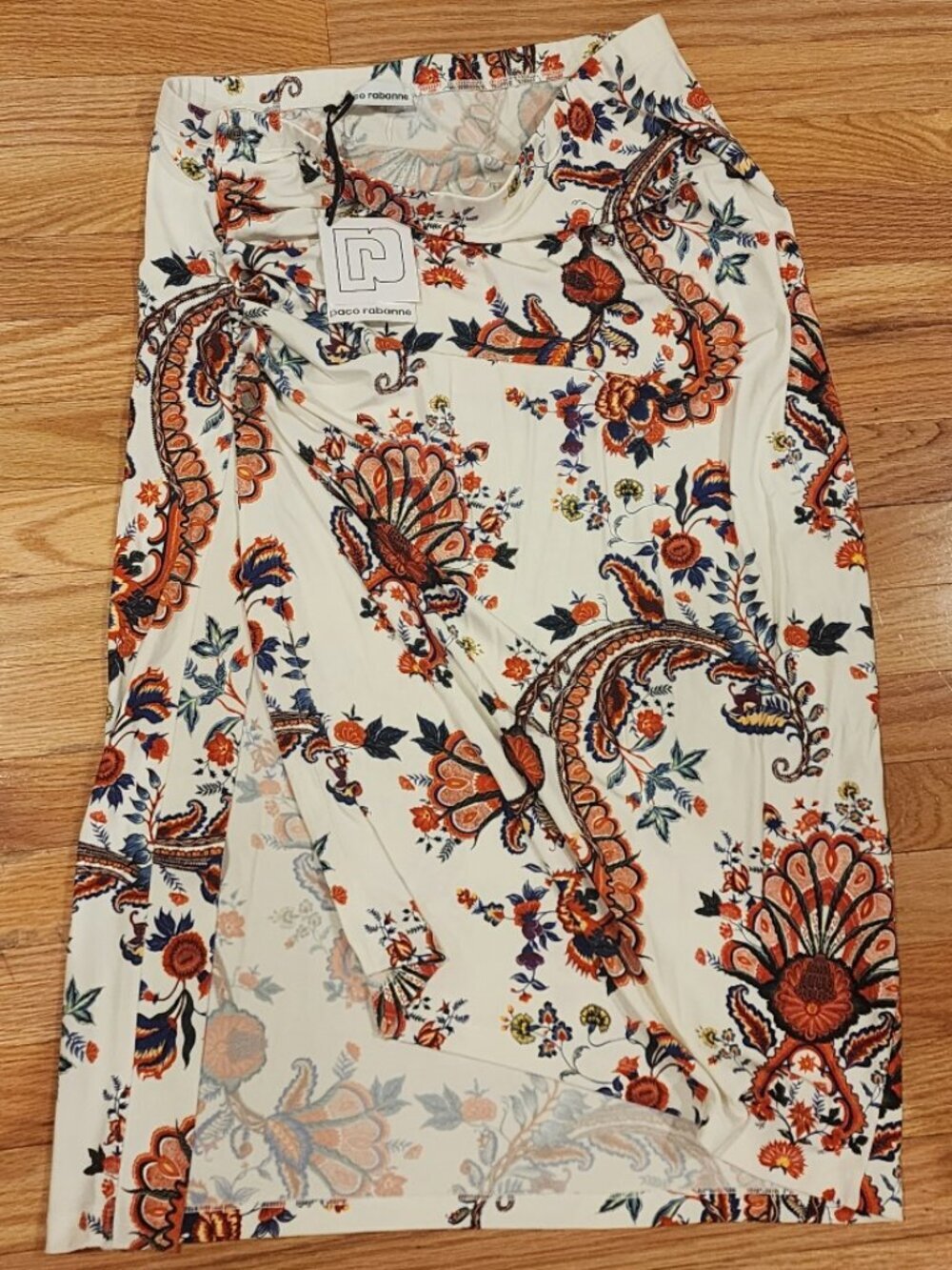 Paco Rabanne Womens Ruched Midi Skirt White Paisley Floral Asymmetric - 44 - Picture 3 of 4